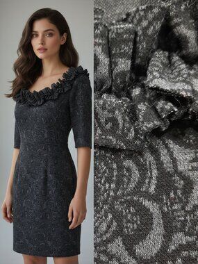 Vtg Y2K ruffle neck fitted midi dress
